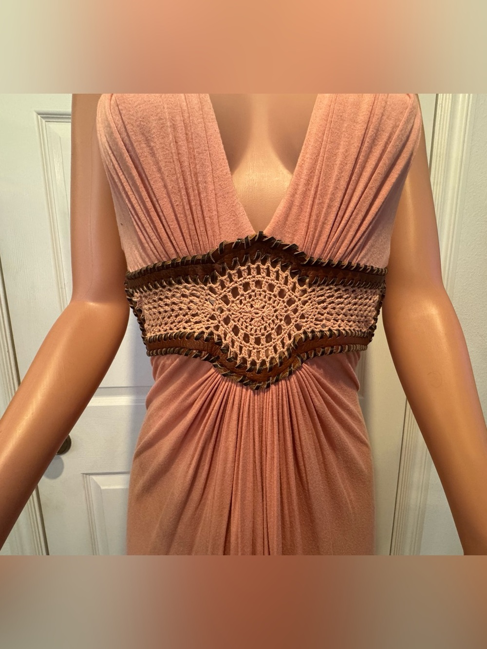 Sky Brand Rose Pink Maxi Dress with Brown Crochet Waist Size S - Picture 2 of 9